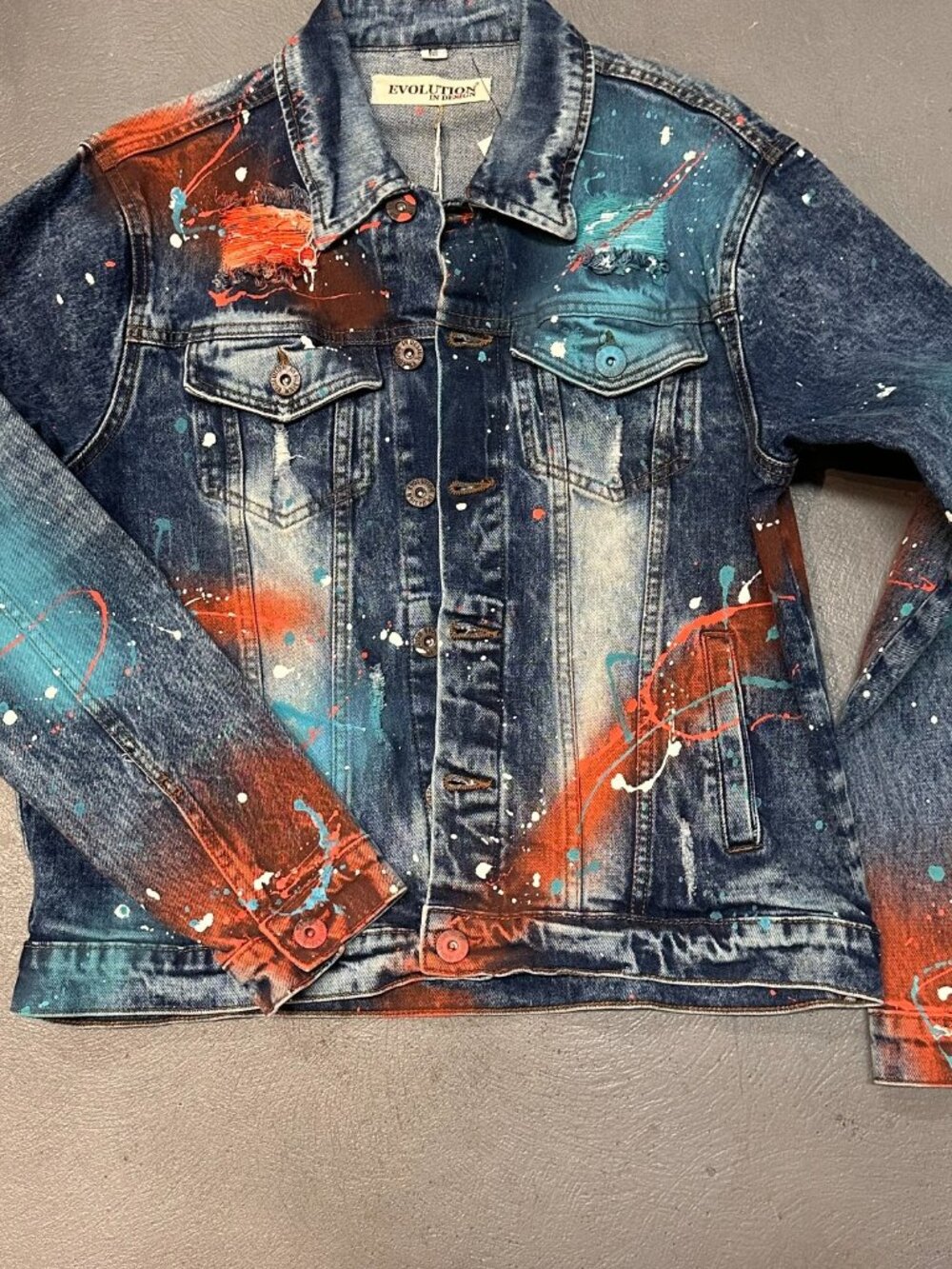 Evolution In Design Denim Jacket Medium Y2K Paint Splatter Distressed Jean NWT